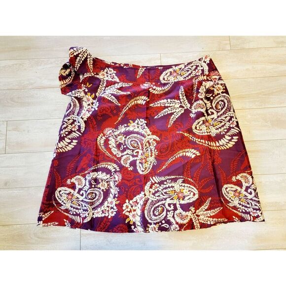 Talbots 18‎ Silk Wrap Skirt Plus Paisley Print Tie Waist Burgundy Button Hook - Picture 2 of 6